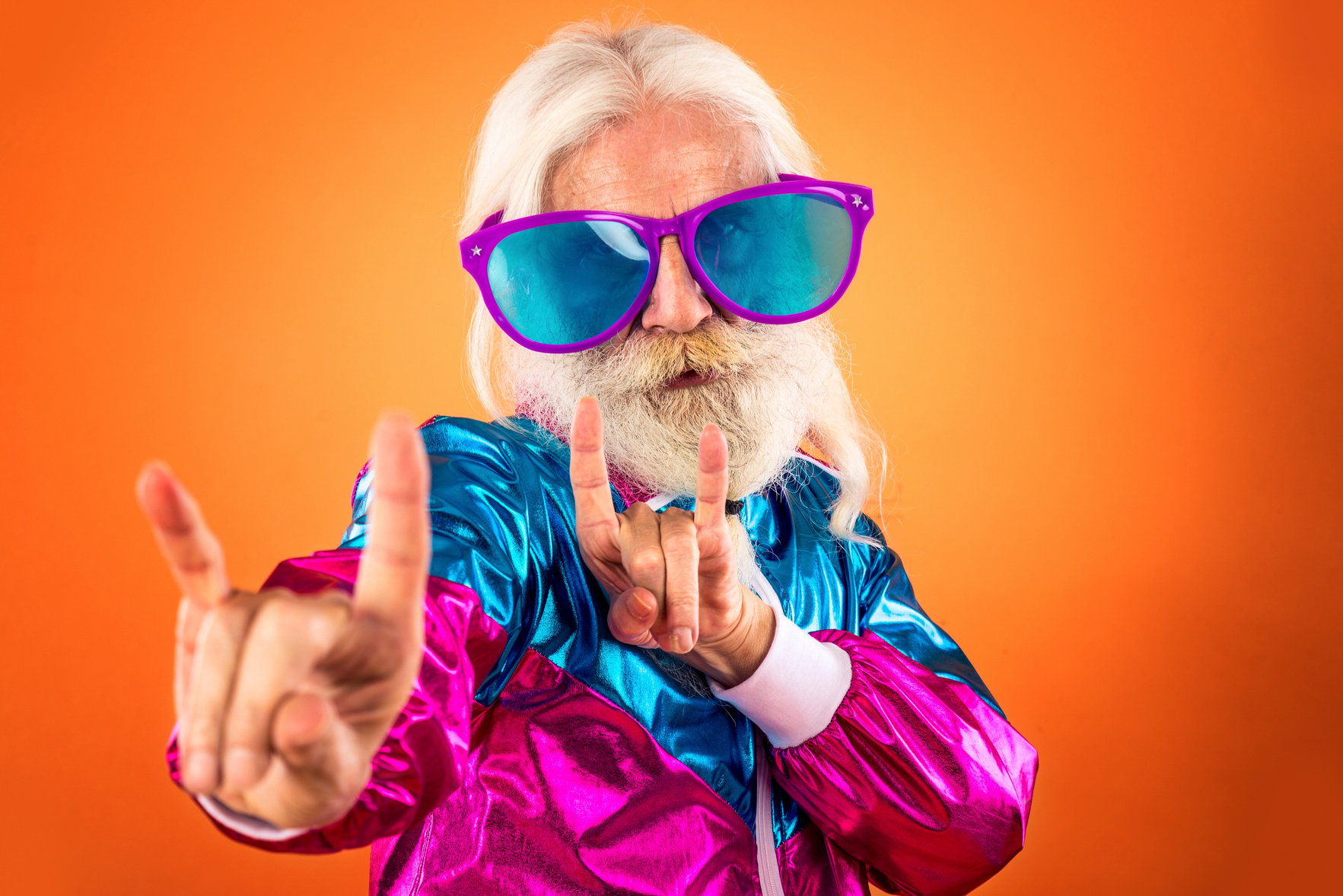 Fashionable Grandfather Posing with Funny Clothes.