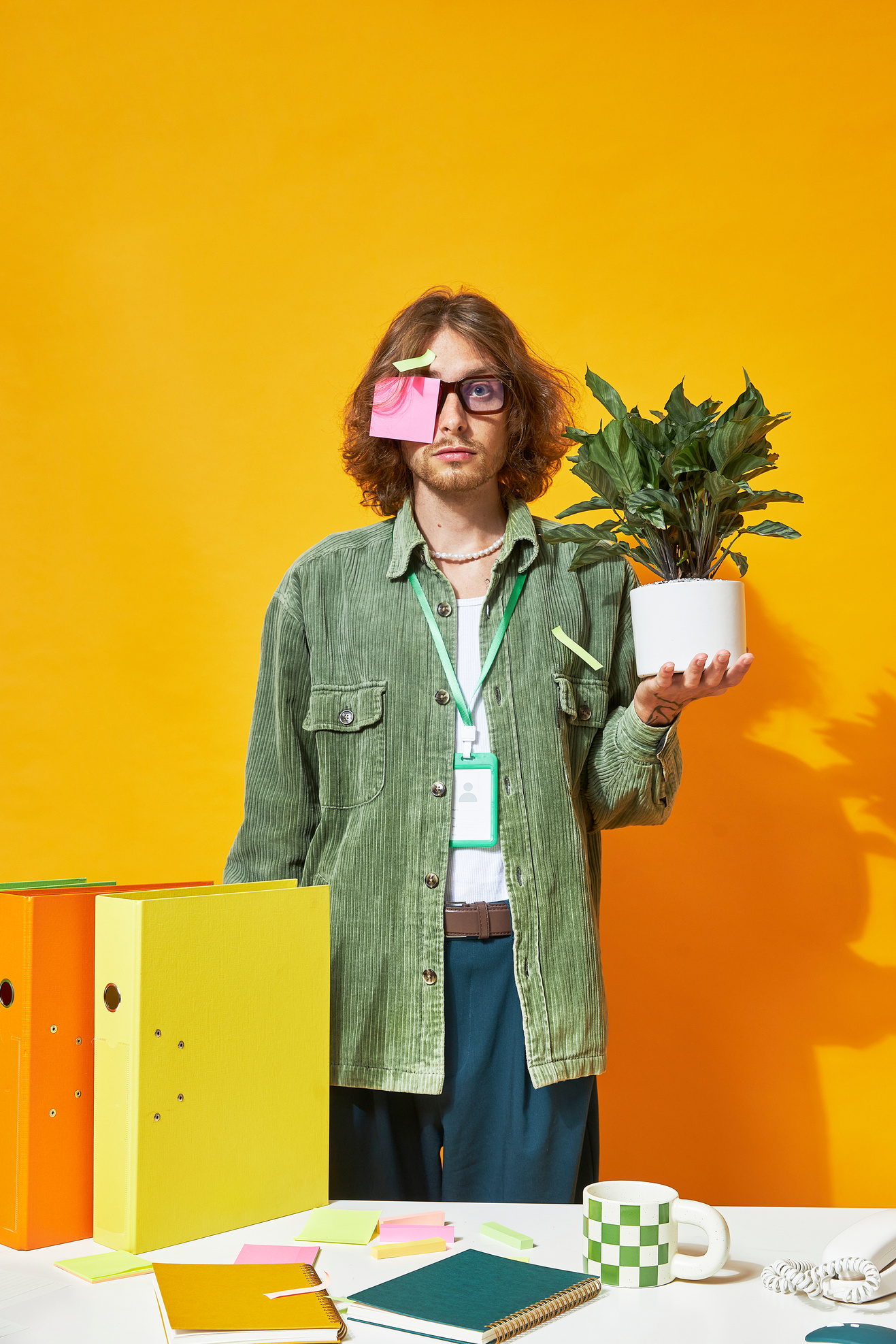Man Holding an Office Plant in a Bright Yellow Office