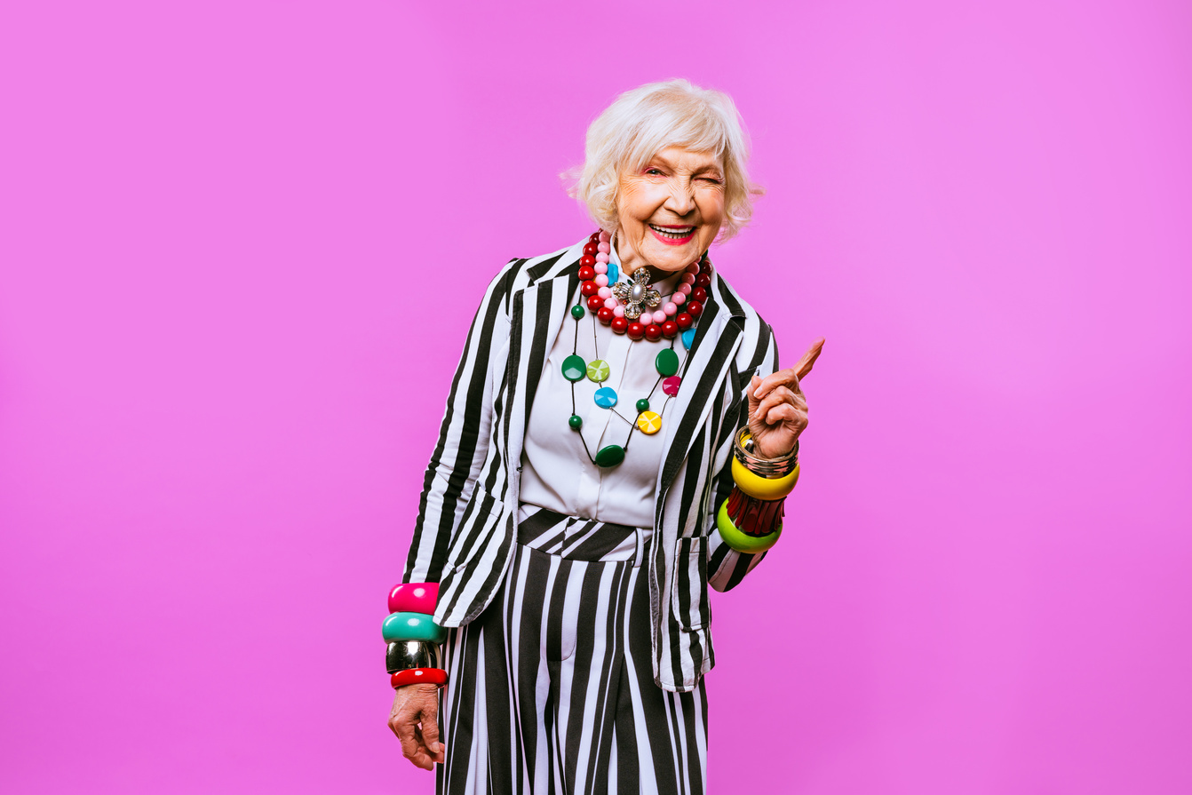 Cool and Stylish Senior Old Woman with Fashionable Clothes